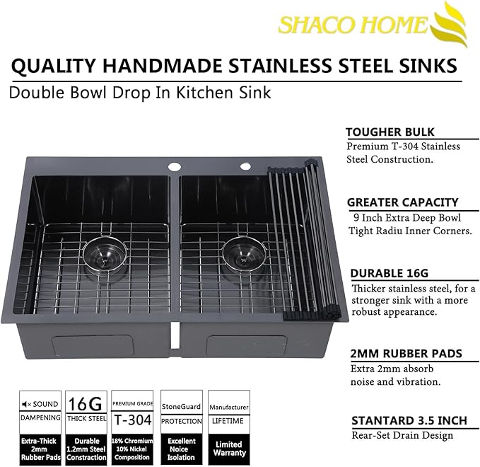 SHACO 33x22 Inch Black 50/50 Double Bowl Drop In Kitchen Sink, Top Mount 16 Gauge Gunmetal Black Stainless Steel Kitchen Sink with Grid and Accessories