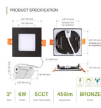 ASD 6 Pack LED Square Recessed Lighting 3 Inch, 5 CCT 2700K-5000K, 6W 30W Eqv, Ultra Thin Dimmable Ceiling Lights with J Box, Canless Wafer Downlight, Slim Panel, UL Energy Star, Oil-Rubbed Bronze