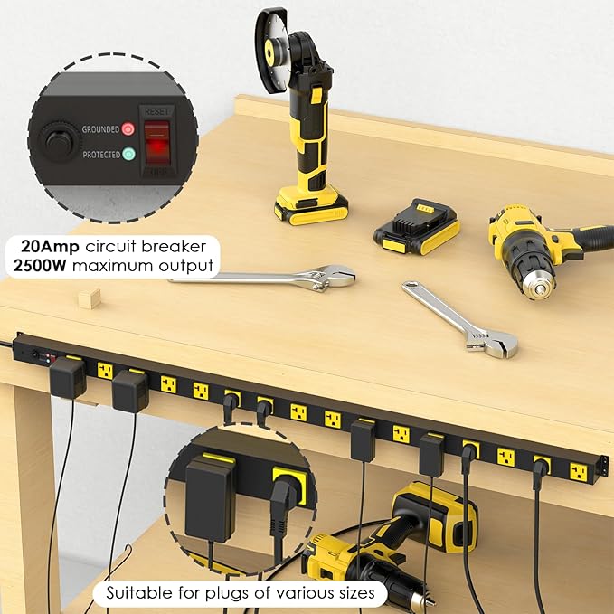 JUNNUJ Long Metal 16 Outlet Power Strip, Heavy Duty Power Strips Surge Protection 4800J with Circuit Breaker, 20a Wide Spaced Socket Wall Mount 5-15P Adapter High Amp 6-20R T-Slot 4FT Extension Cord