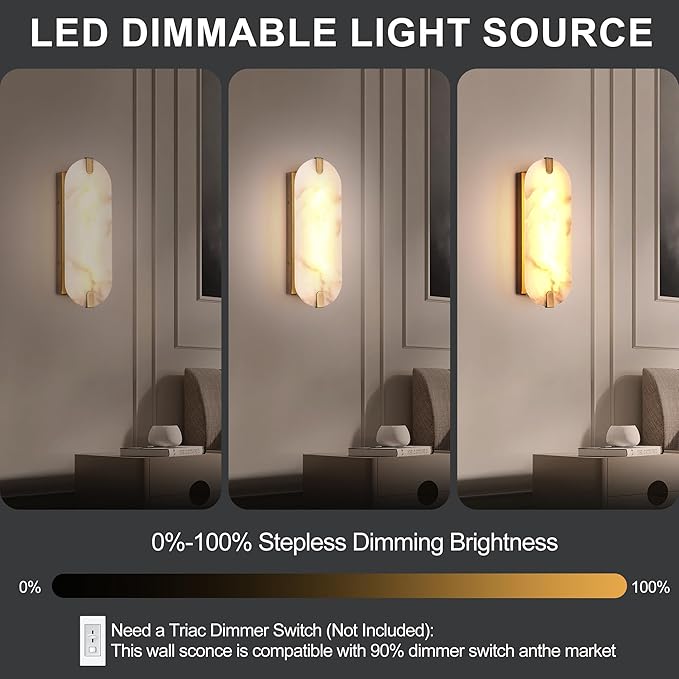 14.17in Alabaster Wall Sconces, Natural Marble Wall Light Set of Two, Modern LED Alabaster Sconces for Living Room Indoor Wall Lamps for Dining Room Stairs Bedroom,Brushed Gold