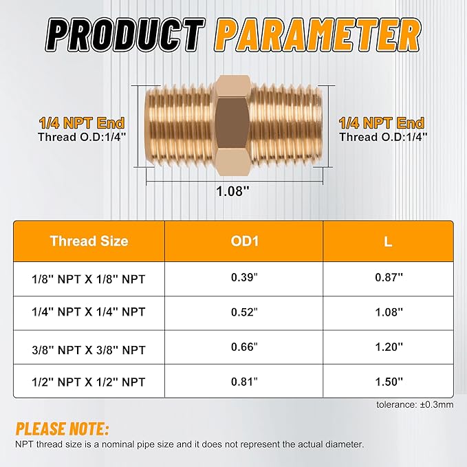 KOOTANS 12pcs Brass Pipe Fittings 1/4 NPT x 1/4 NPT Male to Male Solid Brass Hex Nipple NPT Adapter Pipe Fitting Equal Nipple Connector