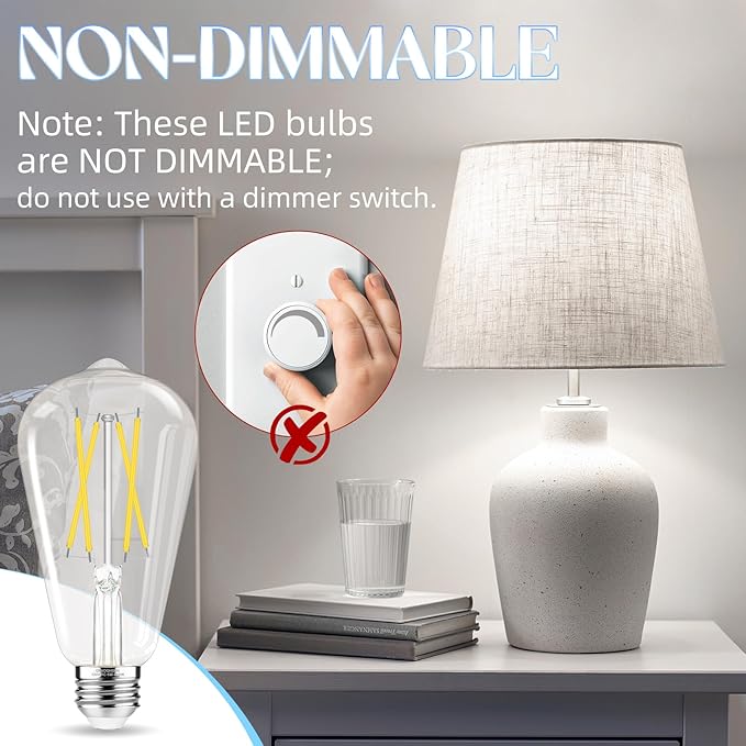 LED Edison Bulbs, E26 Bulb 60 watt Equivalent, Non-Dimmable, Cool White 4000K, ST58 Vintage Light Bulbs, 90+ CRI, 6W 600LM, E26 Medium Base, Clear Glass, 6 Pack