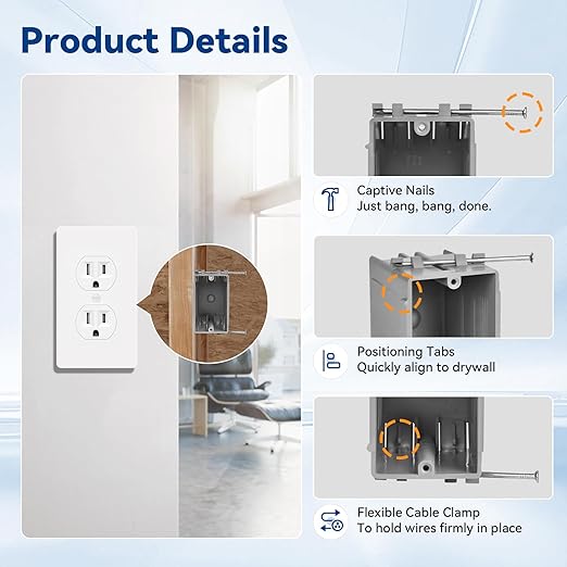 1-Gang New Work Outlet Box, PVC Electrical Box for Switch,GFCI,Dimmer, 22 Cubic Inch, UL Listed, 12 Pack