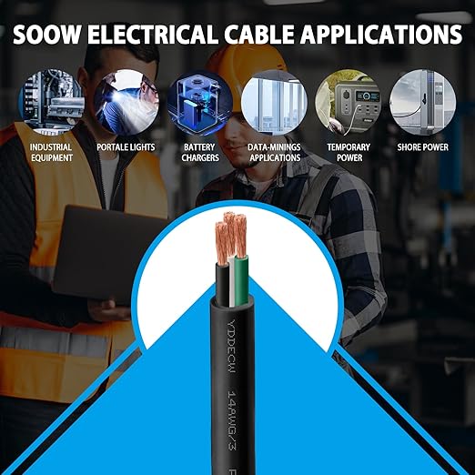 50ft 14/3 14 AWG Portable Power Cable (3 Conductor) - SOOW 600V 14 Gauge Electric Wire for Motor Leads, Portable Lights, Battery Chargers and Machinery - 3 Conductor - 50 Feet Electrical Cord