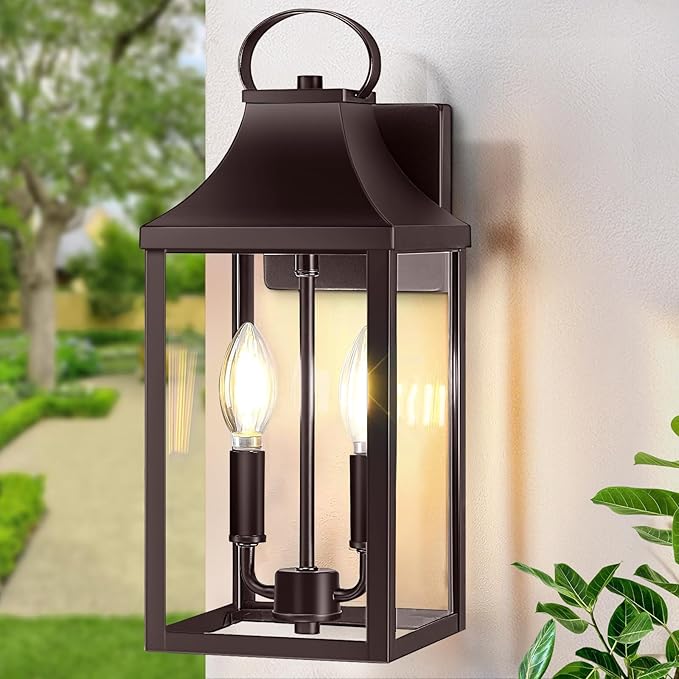 15" Black Outdoor Wall Lantern 2-Light, Outside Modern Wall Sconce Light Fixture, Industrial Porch Light Wall Mount with E12 Sockets, Waterproof Exterior Lamp Lighting, Brown
