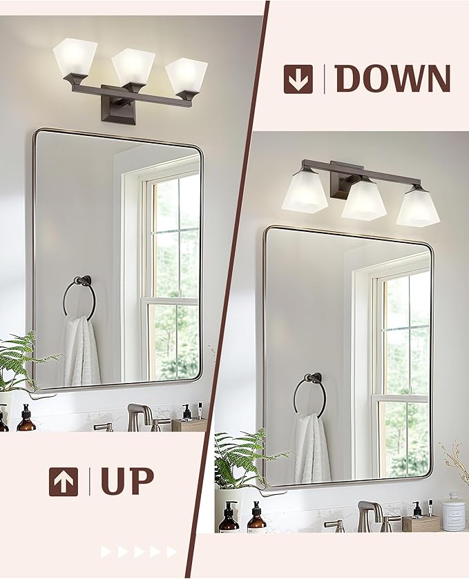 Bathroom Lighting Fixtures, HWH 3-Light Vanity Light Fixture Over Mirror, Farmhouse Wall Sconce Lighting with Frosted White Square Bell Glass, Oil-Rubbed Bronze Finish, 5HY68BG1-3W ORB