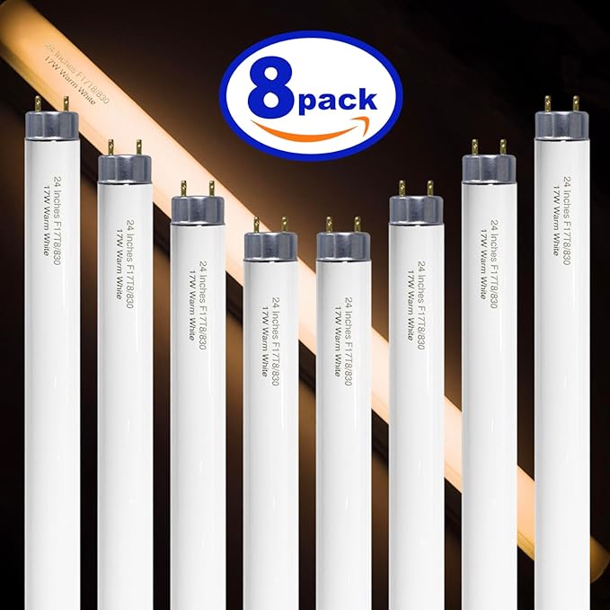24 inch F17T8/830 17 Watts Light Bulb Warm White, 2 Foot Straight Fluorescent Tube T8 Tube Light F17T8/WW, 1500 Lumen G13 Medium Bi-Pin Cap 8 Pack