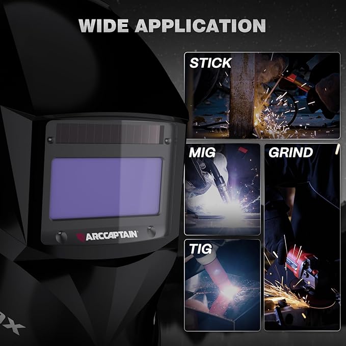 ARCCAPTAIN Welding Helmet Auto Darkening, 1/1/1/1 True Color Welding Hood, 4 Arc Sensor 1/25000s Response Time Solar Powered Weld Hood Helmet, Glossy Black