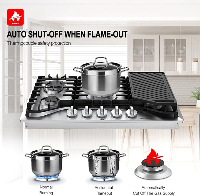 GASLAND 30 Inch Gas Cooktop, PRO GH2305SF 5 Burner Propane Stovetop, Built-in NG/LPG Convertible Cooktops, Gas Countertop Plug-in with Thermocouple Protection, Stainless Steel