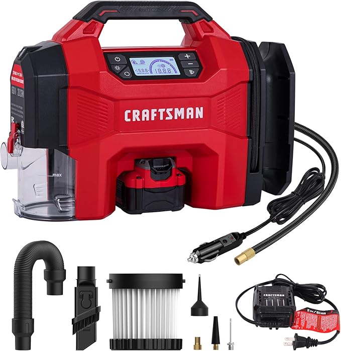 CRAFTSMAN 3-in-1 Tire Inflator Kit with Battery & Charger, 160 PSI Portable Air Compressor, Car Vacuum & Dust Blower with LED Light (Includes 4.0Ah Battery & 12V Charger)