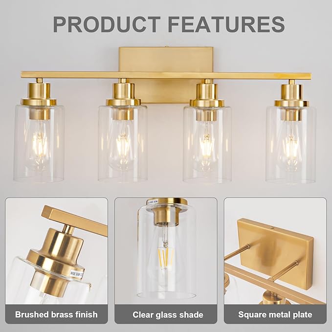 4 Light Gold Bathroom Light Fixtures Brushed Brass Vanity Light Over Mirror Modern Farmhouse Wall Lighting Sconces Wall Lamp for Bathroom, Bedroom, Living Room E26 Socket with Glass Shade