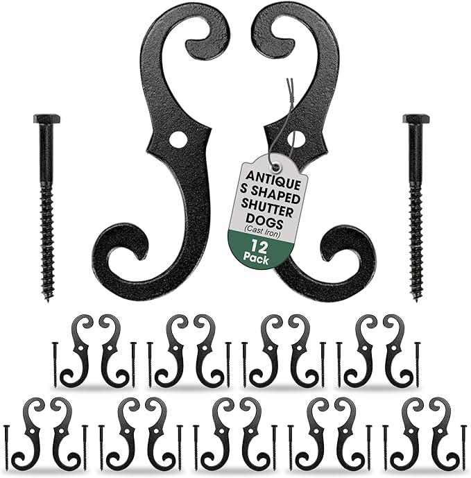 Renovators Supply Shutter Fasteners - Decorative S Style Shutter Dogs Hardware - Rust Resistant Powder Coated External Shutter Tieback Including Mounting Screws - 6.5 Inches, Cast Iron, Pack of 12