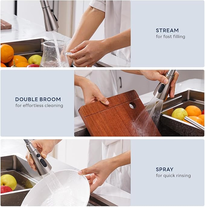 APPASO 3 Hole Kitchen Faucet, Brushed Nickel Kitchen Faucets with Soap Dispenser and Pull Down Sprayer 3 Modes, S304 Stainless Steel High Arch 3 Piece Sink Faucet with Separate Handle