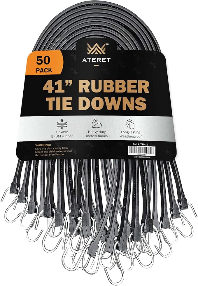 50 Packs Rubber Bungee Cords w/Hooks I 41 Inch, 62" Max Stretch I Heavy-Duty Black Tie Down Straps for Outdoor, Tarp Covers, Canvas Canopies, Motorcycle, and Cargo