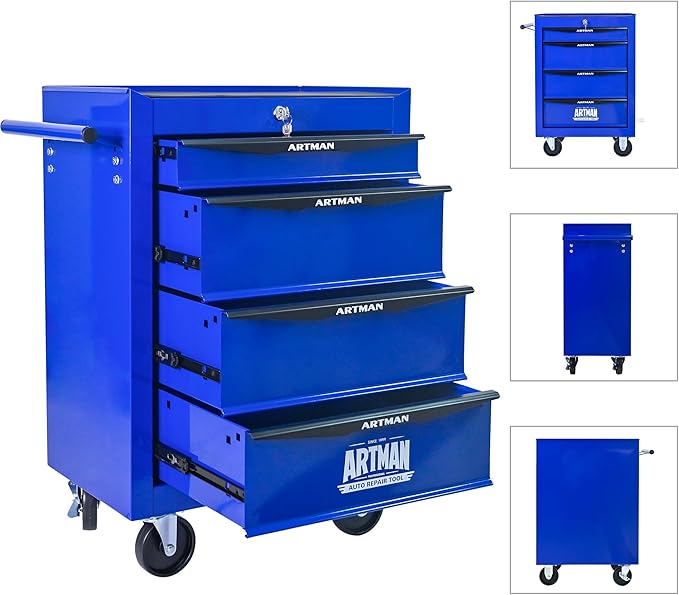 4-Drawer Steel Rolling Tool Cart with Wheels & Handle, Heavy-Duty Tool Chest Storage Cabinet for Garage and Workshop