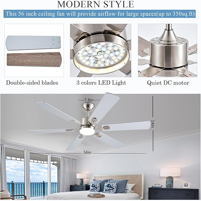 56inch Ceiling Fans with Lights and Remote/App Control, Dimmable LED, Reversible DC Motor, Noiseless, 6 Double-Side blades, 6 Speeds Low Profile Ceiling Fan for Indoor/Outdoor Use（ Nickel）