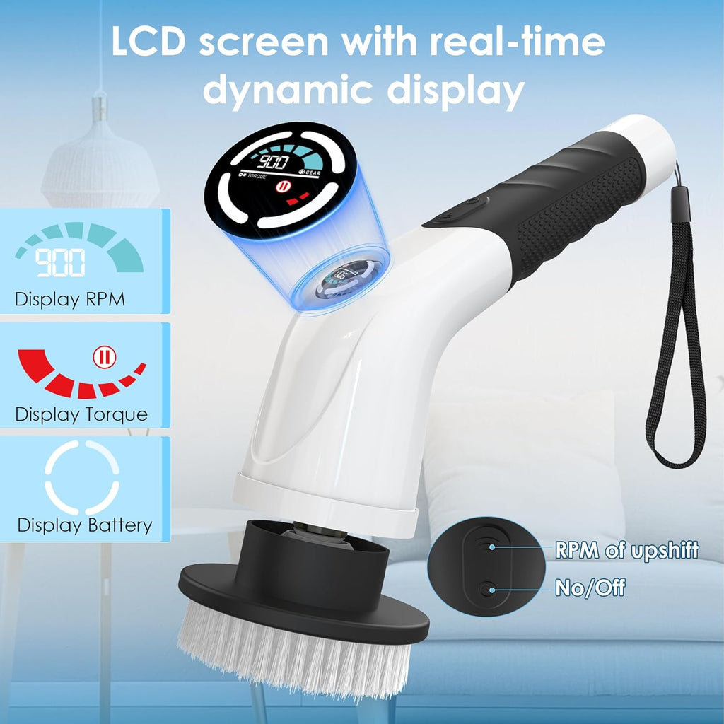 Electric Spin Scrubber,Cordless Cleaning Brush, 3-Speed,7 Replaceable Brush Heads & Long Detachable Handle, LCD Display Shows RPM/Torque/Battery, for Bathroom, Kitchen, Tile