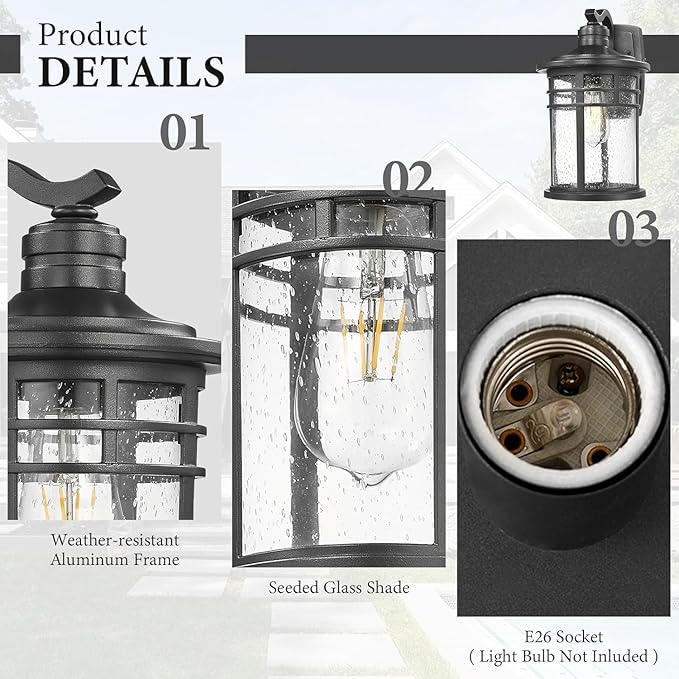 Darkaway 2 Pack Large Outdoor Porch Lights Wall Mount, 15inch Outdoor Light Fixtures Sconces Wall Lighting with Seeded Glass Exterior Lights for Patio Yard House Hallway Doorway Garage