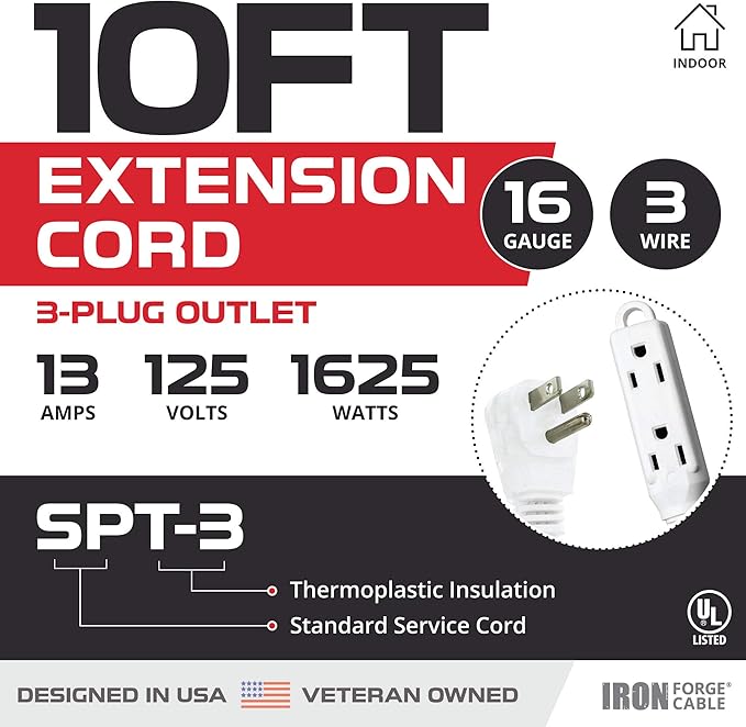 Iron Forge Cable 10 ft Flat Plug White Extension Cord with 3 Outlets - 16/3 SJTW 3 Prong Indoor Extension Cord with Multiple Outlets