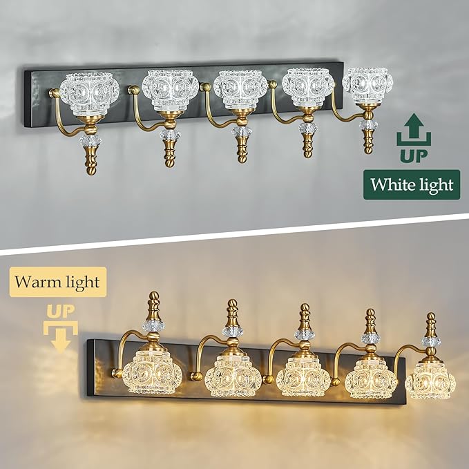Modern Glass Crystal Vanity Light - Vintage Bathroom Lighting Fixtures Over Mirror, 5 Light Vanity Lights G9 Bulb (35.43 Inch, Black Gold)