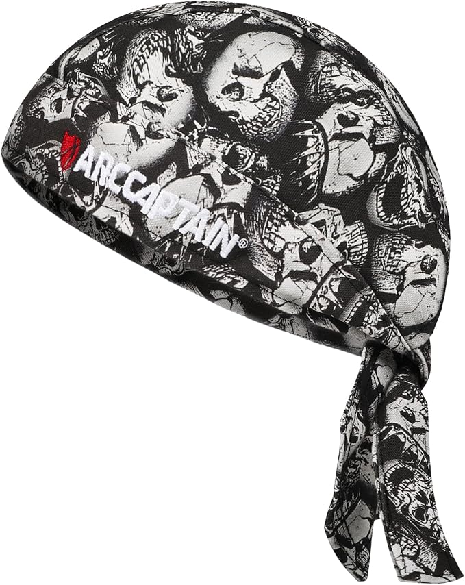 ARCCAPTAIN 2PC Welding Doo Rag, Welding Cap, Protective Welders Cap, Welding Hats for Men, Fireproof Cotton and Durable for Safety, Skull, L Size