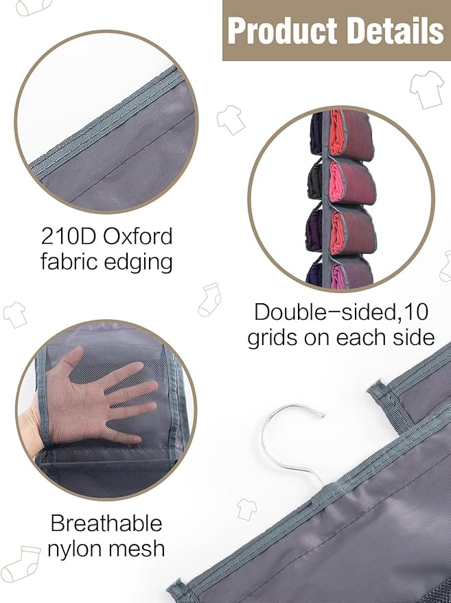 2 Pack Legging Storage Organizer- Hanging Closet Organizer System Clothes Closets Holder with 20 Roll Independent Compartments for Yoga Leggings T-Shirts Bras Socks Pants Tank Top Towel(Grey)