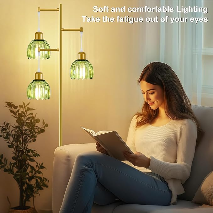 Glass Floor Lamps for Living Room, 3 Lights Mid Century Modern Standing Lamp with Foot Switch, Retro Gold Floor Lamp with Green Glass Shade, Vintage Tree Tall Lamps with Bulb for Bedroom Office