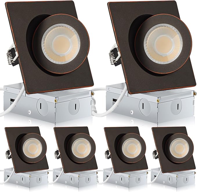 Square Bronze Recessed Lighting 4 Inch 6 Pack, Ajustable Eyeball recessed Light with Junction Box,5 Color Selectable,Airtight,9W 750LM,Dimmable,Bronze