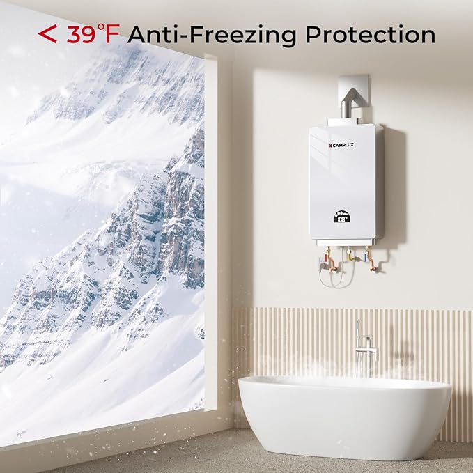 CAMPLUX Tankless Natural Gas Water Heater, 3.18 GPM On Demand Instant Water Heater, 82,000 BTU, White