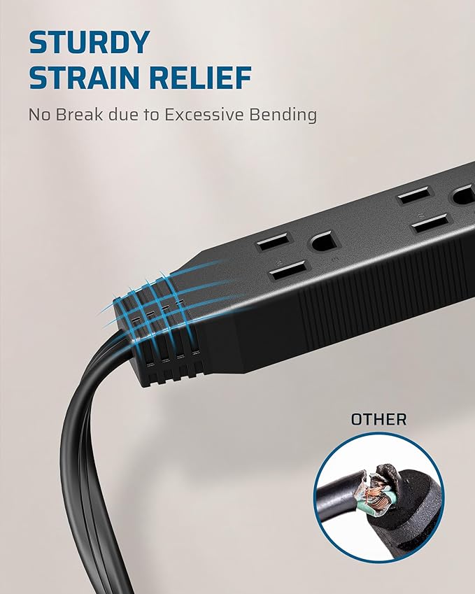 DEWENWILS 6FT Flat Plug Extension Cord, 3 Prong Ultra Thin Power Strip, 13A/125V/1625W, 16/3 Awg Grounded Flat Power Cable for Indoor Narrow Space, SPT-3 Cord, ETL Listed, Black, 2 Pack