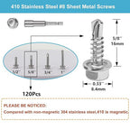 QSJ 120PCS #8 x 5/8'' Sheet Metal Screws 410 Stainless Steel Hex Washer Head Fast Self Tapping Screws with Screwdriver Bit Silver