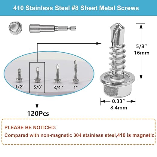QSJ 120PCS #8 x 5/8'' Sheet Metal Screws 410 Stainless Steel Hex Washer Head Fast Self Tapping Screws with Screwdriver Bit Silver