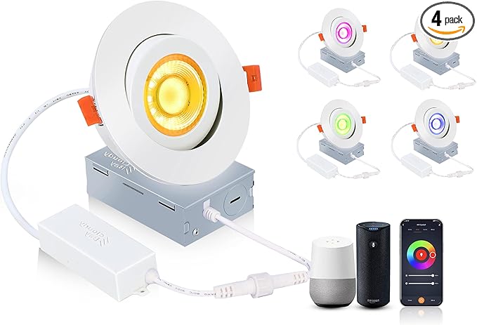 CLOUDY BAY 4 inch Eyeball Smart LED Recessed Light,Color Changing Recessed Lighting,Compatible with Alexa and Google Home Assistant,4 Pack