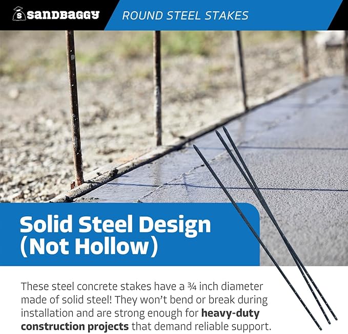Sandbaggy 72" Round Steel Concrete Form Stakes with Nail Holes - Rust Resistant Coating - Removable, Reusable (15)