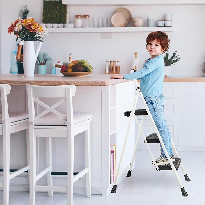 3 Step Ladder, Folding Step Stool 500 Lbs Capacity for Adults & Kids, Heavy Duty Steel Sturdy Step Ladder with Non Slip Wide Pedals, Space Saving Step Stool for Home Kitchen Office, White