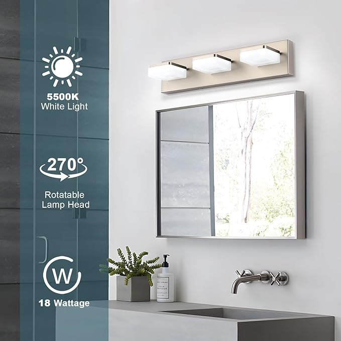 Brushed Nickel Vanity Lights for Bathroom - 3 Light Vanity Light Fixture - Dimmable LED Wall Sconces - Daylight 5500K - Elegant Bath Light Fixtures for Over Mirror