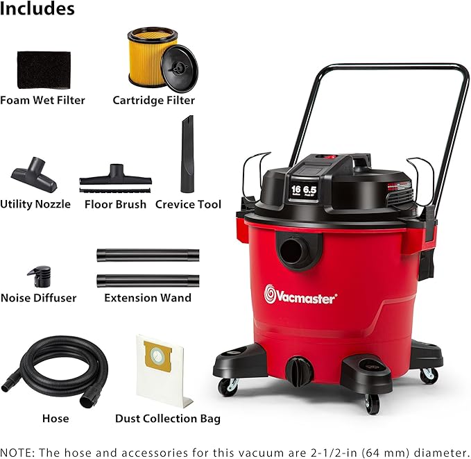 Vacmaster 16-Gallon 6.5 Peak HP† Wet/Dry Vacuum – VJH1612PF 1101, Red