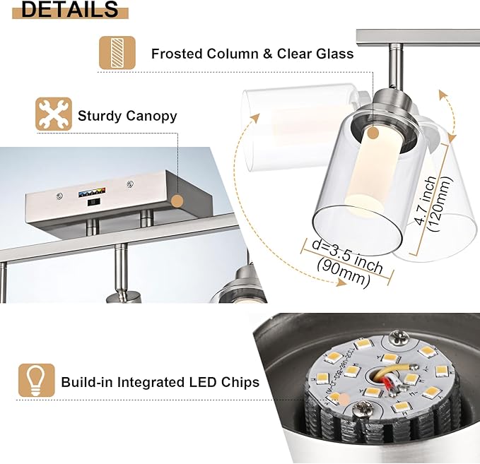 3-Light LED Dimmable Track Lighting Ceiling Fixtures, 5-Color Temperature Brushed Nickel Wall Lamp Spotlight with Integrated LED Chips & Clear Glass Shade & Frosted Column