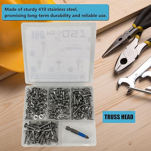 QSJ 158PCS #8 Sheet Metal Screws Set 410 Stainless Steel Truss Head Fast Self Tapping Screws with Screwdriver Bit Silver