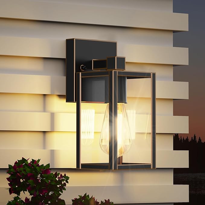 WIHTU Outdoor Lights for House, LED Exterior Front Porch Light Fixtures for Outside, Waterproof Wall Light Outdoor, Sconce Lights for Patio, Garage, Doorway, Entryway (Black with Gold Rim)