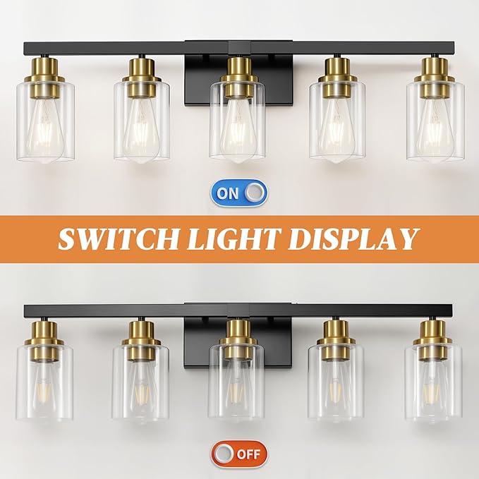 5-Light Black and Gold Bathroom Vanity Light, 30" Modern Vanity Lighting Fixture, Bathroom Light Fixtures, Wall Sconces with Clear Glass Shade, Black Bathroom Wall Light Over Mirror