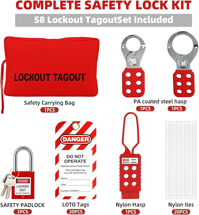 Lockout Tagout Kit Electrical Loto Group Lockout Hasps, Lockout Tags, Safety Padlocks with Number, Nylon Ties with Pocket Bag