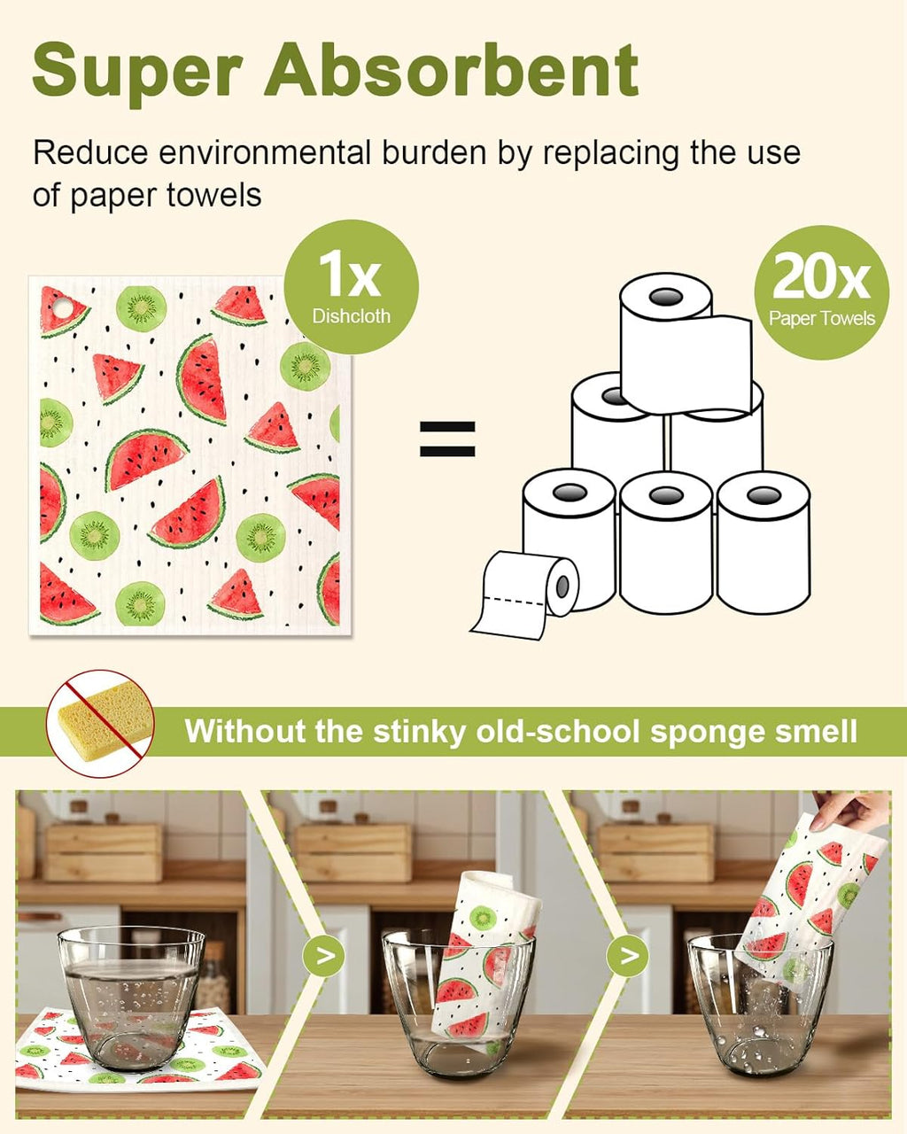 6 Pack Swedish Dishcloths for Kitchen - Reusable Dish Cloths for Washing Dishes Absorbent Cute Funny Kitchen Towels Cleaning Sponge, Lemon Fruit