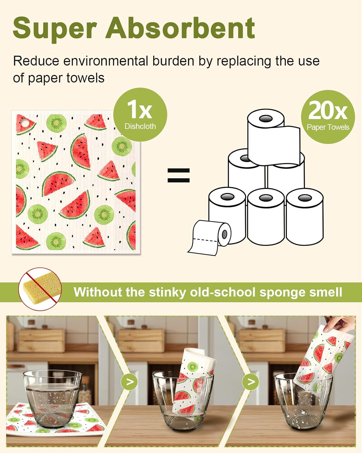 6 Pack Swedish Dishcloths for Kitchen - Reusable Dish Cloths for Washing Dishes Absorbent Cute Funny Kitchen Towels Cleaning Sponge, Lemon Fruit