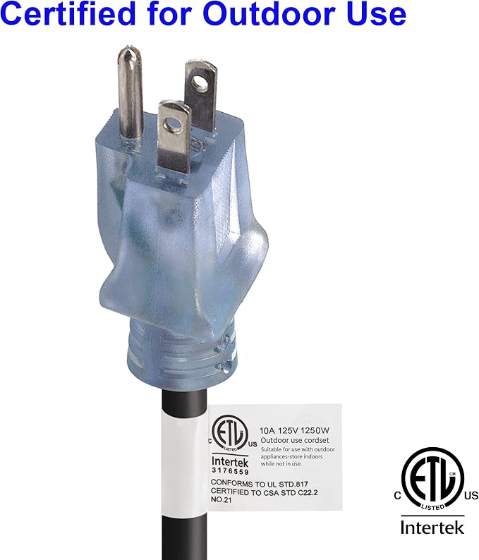 Clear Power 16 Gauge 3Prong Cords (Lighted Locking Connector, Black, 80 ft)