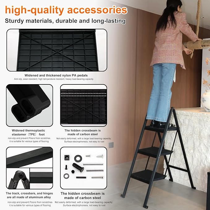 3 Step Ladder,Aluminum Ultra Thin Folding Step Stool,400 Lbs Capacity Heavy Duty with Anti-Slip Sturdy and Wide Tread,Closet Slim Step for Home,Kitchen and Office,Space Saving (Black, 3-Step)