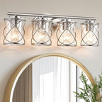 4-Lights Bathroom Light Fixtures, Brushed Nickel Modern Vanity Light Over Mirror, Bathroom Wall Lamp for Mirror Kitchen Living Room Hallway Porch, Farmhouse Wall Lights with Clear Glass Cage Shade