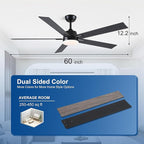 60 Inch Ceiling Fans with Lights and Remote, 6 Speed Reversible DC Motor, 3CCT Dimmable LED, 5 Blades, Black Modern Ceiling Fan for Bedroom, Living Room & Covered Outdoor, Includes Downrod