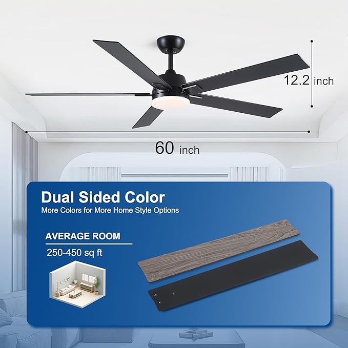 60 Inch Ceiling Fans with Lights and Remote, 6 Speed Reversible DC Motor, 3CCT Dimmable LED, 5 Blades, Black Modern Ceiling Fan for Bedroom, Living Room & Covered Outdoor, Includes Downrod