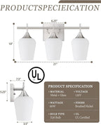 3 Light Bathroom Light Fixtures Over Mirror, 21 Inch Brushed Nickel Bathroom Vanity Lights, Modern Bath Wall Sconces with Frosted Glass Shade, OS-YQ9167-3BNW